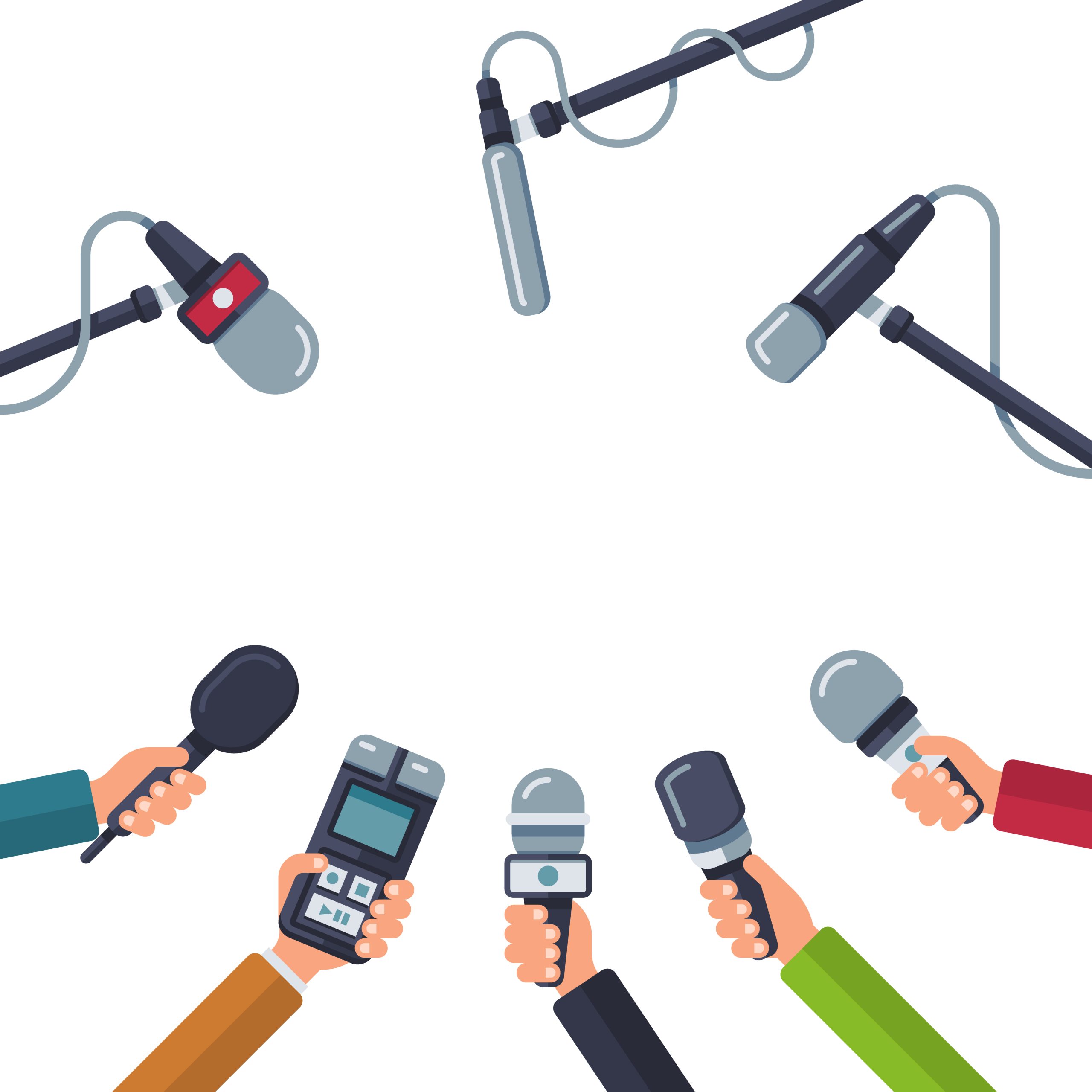 Hands holding microphones, press conference vector. Concept media press, reporter with dictaphone illustration